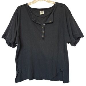 Free People Boho Chic Black Henley Tunic Distressed Linen Cotton Oversized Top S